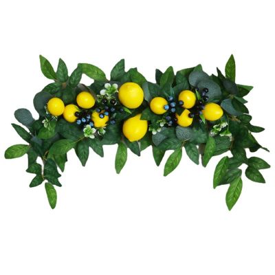 KWQBHW Artificial Lemon Swag 25.6inch Spring Summer Fruit Wreath Yellow Lemon and Blueberry Swag with Green Leaves for Front Door Wall Window Decor