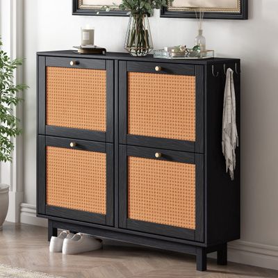 Classic Rattan Shoe Cabinet with 4 Flip Drawers,2-Tier Shoe Storage Organizer with Large Space,Free Standing Shoe Rack for Entryway Hallway Foyer Mudroom (Black@L)