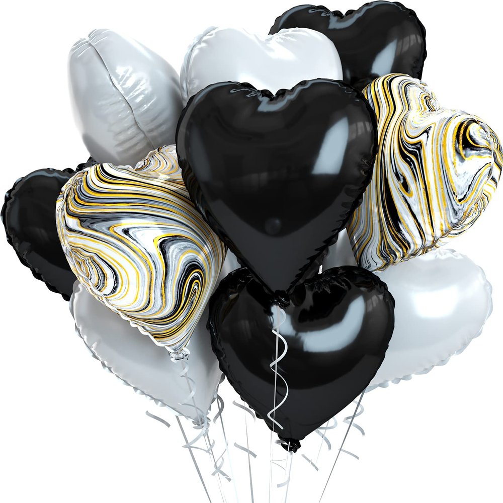 Black White Foil Heart Balloons, 10PCS Black White Agate Heart Shape Balloons, Valentines Balloons 18inch Black Foil Balloon for Helium Valentine Decorations for Wedding, Baby Shower, Anniversary