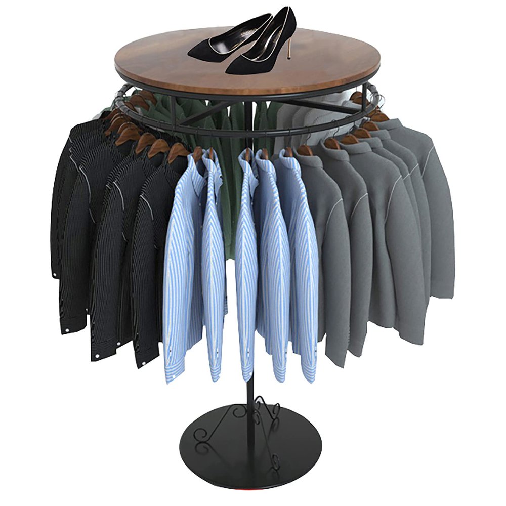 QQXX Round Clothing Rack with Wood Topper,Retail Clothing Display Stand,Rotating Garment Rack,freestanding Clothes Racks for Clothes Boutique Home(60x135cm(24x53inch), Wood)