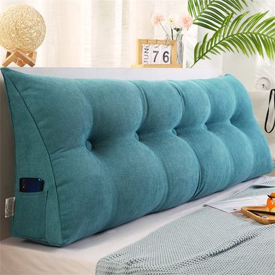 Headboard Pillow Triangular Wedge Body Positioners Pillow Reading Bedrest Throw Pillows Large Bolster Headboard Back Support Lumbar Cushion with Side Pockets,Blue,Queen/150cm