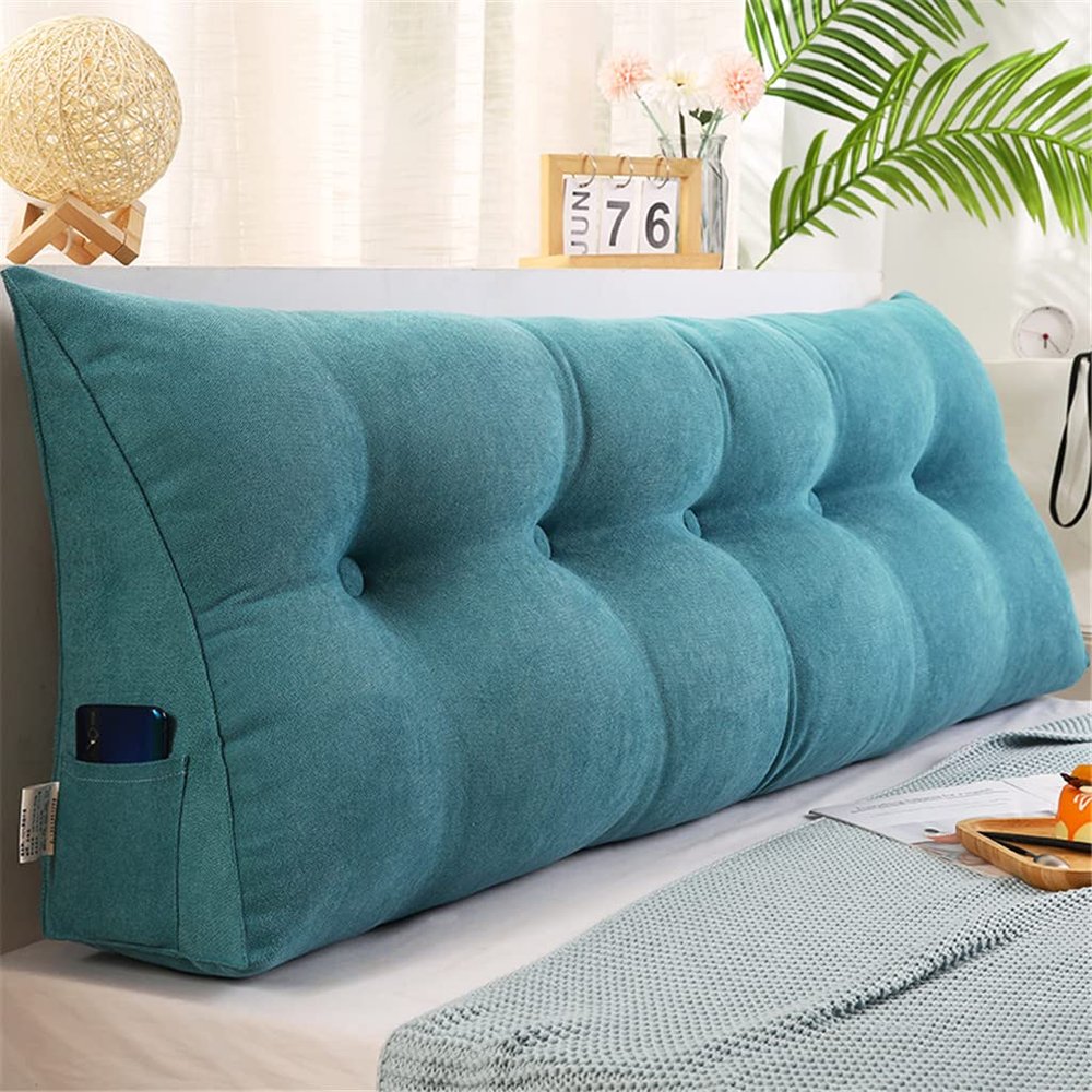 Headboard Pillow Triangular Wedge Body Positioners Pillow Reading Bedrest Throw Pillows Large Bolster Headboard Back Support Lumbar Cushion with Side Pockets,Blue,Queen/150cm