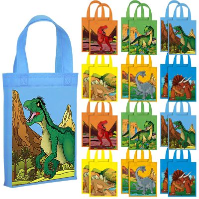 Ferraycle 24 Pcs Dinosaur Party Favor Bags with Handles Dinosaur Birthday Party Supplies Dino Non Woven Goodie Bags Reusable Gift for Kids Boys Girls Candy Goody(Vivid)