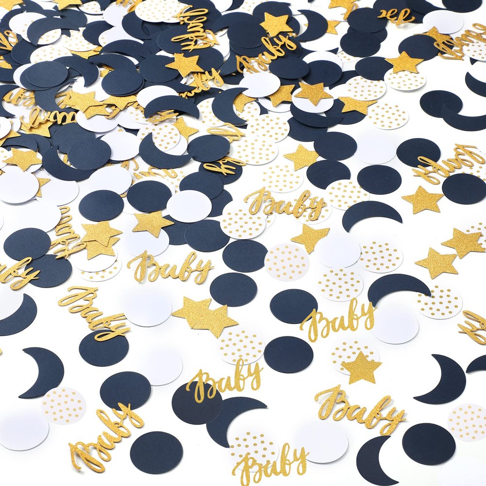 400 Pcs Navy Blue Baby Shower Confetti Moon and Star Baby Shower Decorations Eid Ramadan Mubarak Decoration Gold White Star Moon Confetti Scatter for Gender Reveal Decor
