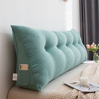 Headboard Pillow Triangular Wedge Body Positioners Pillow Reading Bedrest Throw Pillows Large Bolster Headboard Back Support Lumbar Cushion with Side Pockets,Green,King/180cm