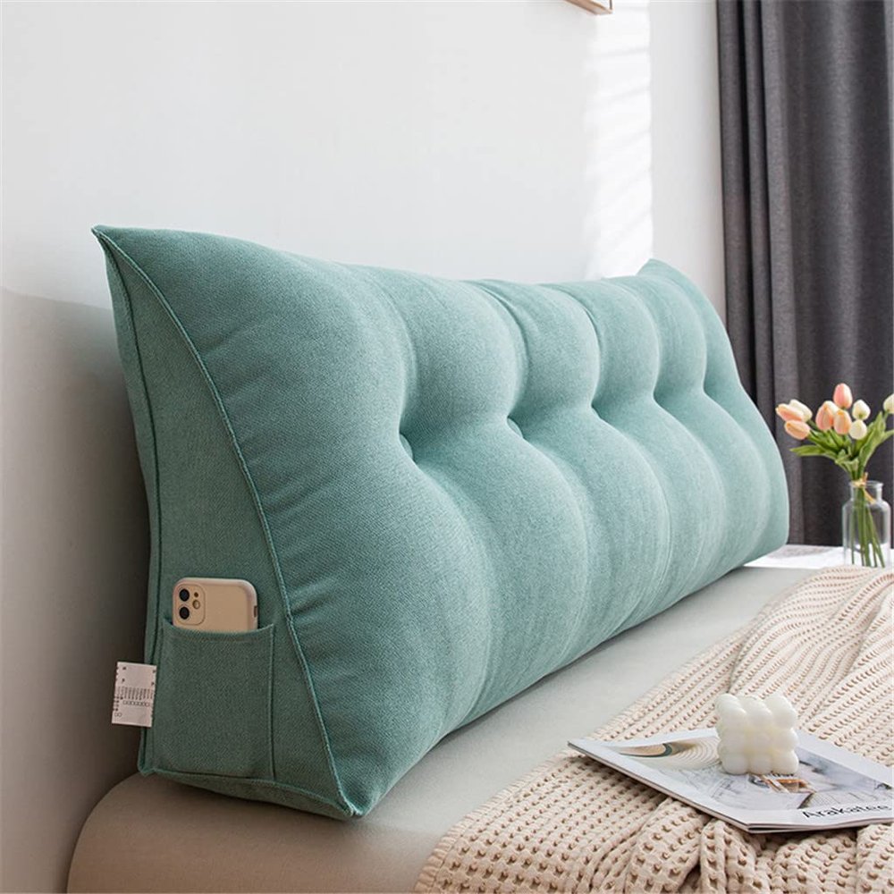 Headboard Pillow Triangular Wedge Body Positioners Pillow Reading Bedrest Throw Pillows Large Bolster Headboard Back Support Lumbar Cushion with Side Pockets,Green,King/180cm