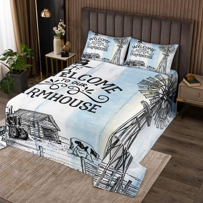 Rustic Farmhouse Kids Bedspread Queen Size,Old Wooden Door Cottage Coverlet Set,Girls Boys Adults Room Decor,Cow Chicken Tractor Country Quilted Coverlet,Blue Vintage Bedding Quilt,2 Pillowcases