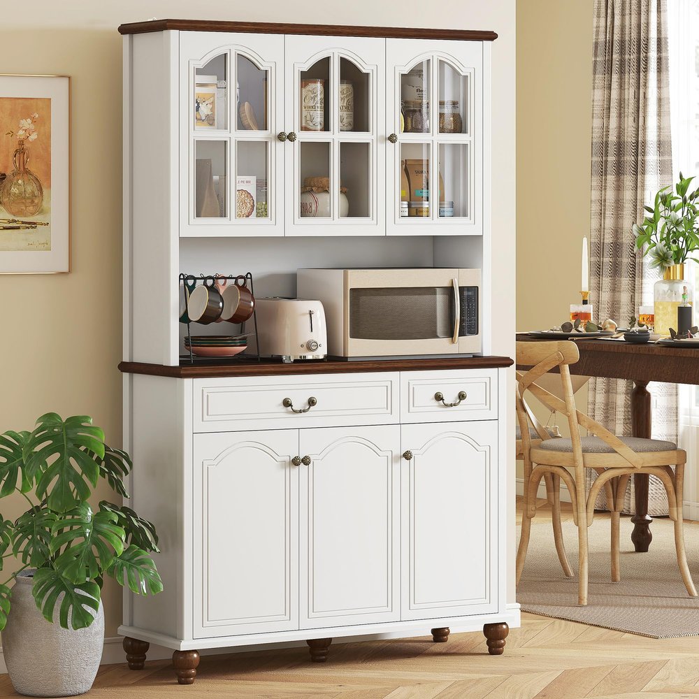 HOMCOM 71" Kitchen Pantry Cabinet, Kitchen Hutch with Soft Closing Window Pane Doors, Freestanding Storage Cabinet with Microwave Stand, 2 Drawers and 3-Level Adjustable Shelves for Dining Room, White
