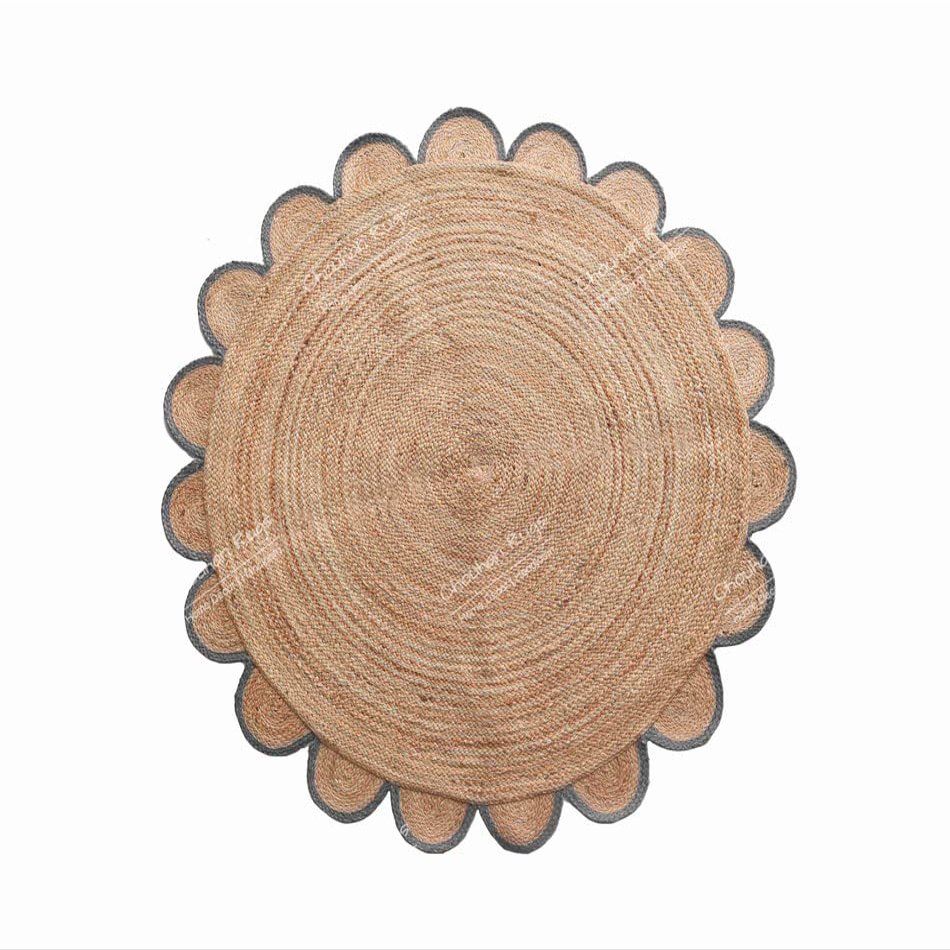 4x4, 5x5, 6x6,feet Natural Jute Scallop Round Rug, Floor Scalloped Edge Rug Braided Boho Eco Large Circular Handmade Area Rugs