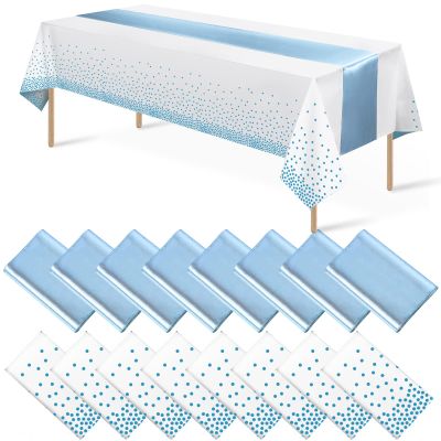 16Pack Disposable Plastic Tablecloths and Satin Table Runner Set White and Light Blue Dot Tablecloth Blue Satin Table Runner for Wedding Birthday Baby Shower Anniversary Engagement Xmas Party Supplies