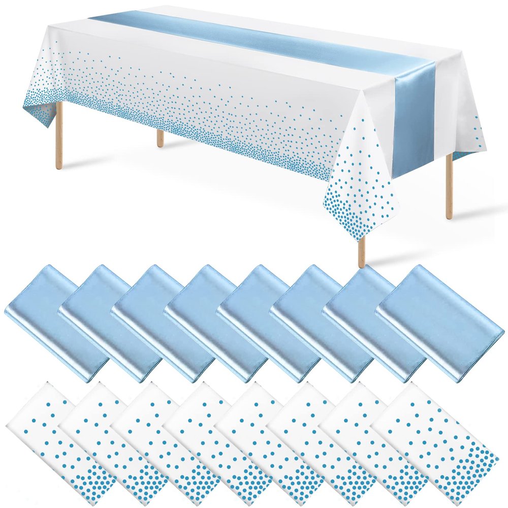 16Pack Disposable Plastic Tablecloths and Satin Table Runner Set White and Light Blue Dot Tablecloth Blue Satin Table Runner for Wedding Birthday Baby Shower Anniversary Engagement Xmas Party Supplies