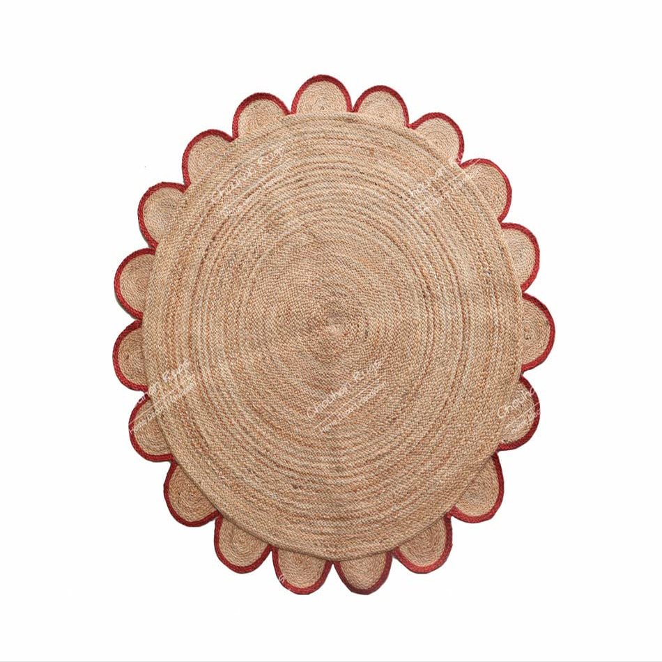 4x4, 5x5, 6x6,feet Natural Jute Scallop Round Rug, Floor Scalloped Edge Rug Braided Boho Eco Large Circular Handmade Area Rugs