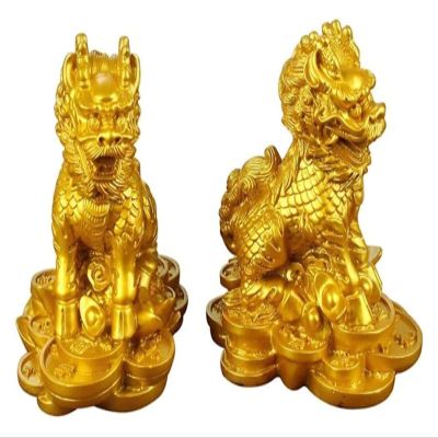 ALDEPO Sculpture Tabletop Decorative Feng Shui Resin Chi Lin/Qilin Kylin Dragon Horses on Ancient Coins Wealth Statue Dcor-Gold_Small (Color : Gold, Size : M)
