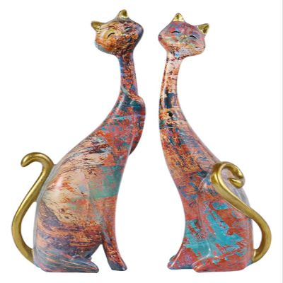 ALDEPO Sculpture Tabletop Decoration Two Oil Painting Cats Art Resin Statue Cats for Hotel Bookshelf Desktop Decoration 24cm Tall