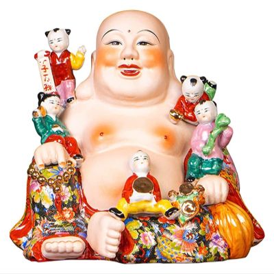 ALDEPO Sculpture Tabletop Laughing Buddha Statue Ornaments for The Home, Happy Man Holding Ru Yi and Sitting with 5 Kids/Five Children Figurines s Decor