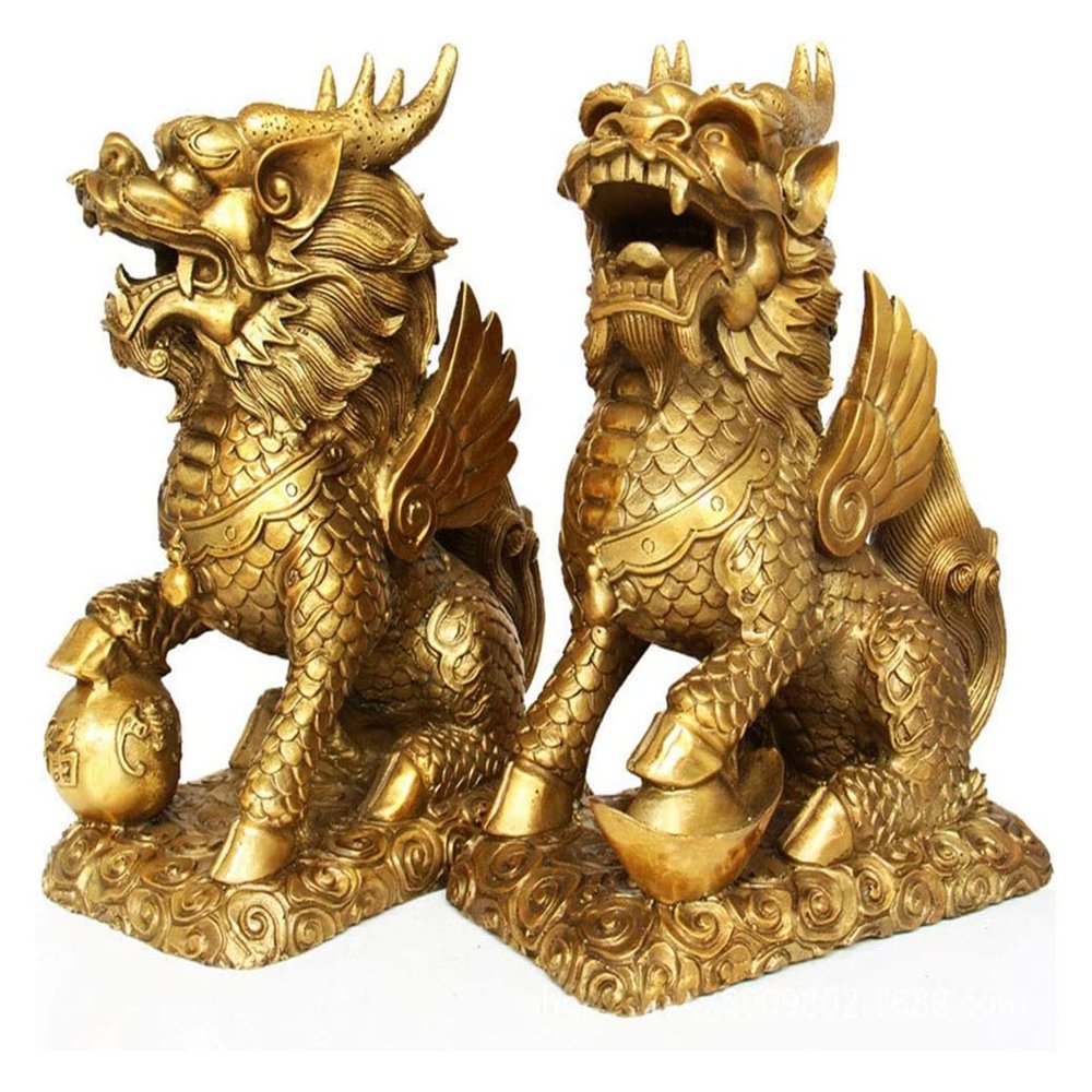 Sculpture Tabletop Chinese Feng Shui Golden Qi Lin/Chi Lin Kylin Statues Decoration,Brass and Decor Prosperity Figurine,Attract Wealth and Good Luck Handicraft