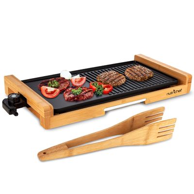 NutriChef 2 In 1 Indoor Grill & Griddle, Smokeless Nonstick Electric Grill and Griddle with Wooden Thong, 250 - 460F Adjustable Temperature