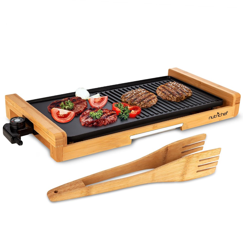 NutriChef 2 In 1 Indoor Grill & Griddle, Smokeless Nonstick Electric Grill and Griddle with Wooden Thong, 250 - 460F Adjustable Temperature