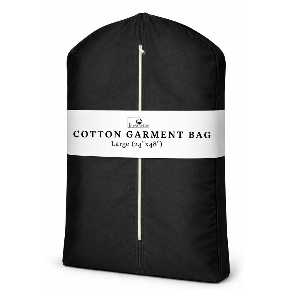 Forever Cotton Premium 100% Cotton Garment Bags 48" Black Canvas Suit Cover with YKK Zipper Breathable, Dust-Proof Storage for Suits, Coats, Dresses, Jackets & Travel/Closet Use