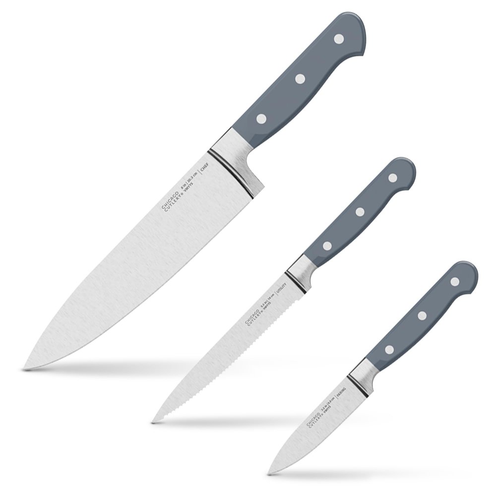 Chicago Cutlery Halsted (3-PC) Cutlery & Wooden Block Set, Ergonomic Handles and Sharp Stainless Steel Professional Chef Cutlery Set