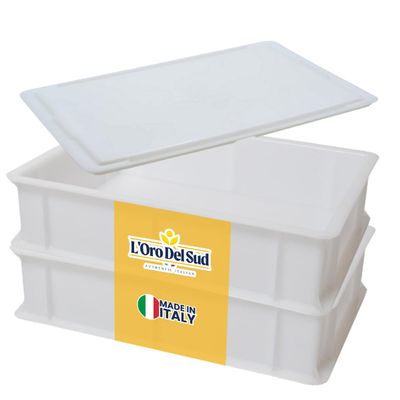 L'Oro Del Sud Home Refrigerator Size, Dough Proofing Box Tray (2 Pack + 1 lid), White Stackable, Commericial Grade, Pizza Proofing Dough Pan with Lid (16 inch x 12 inch x 4 inch), Made in Italy