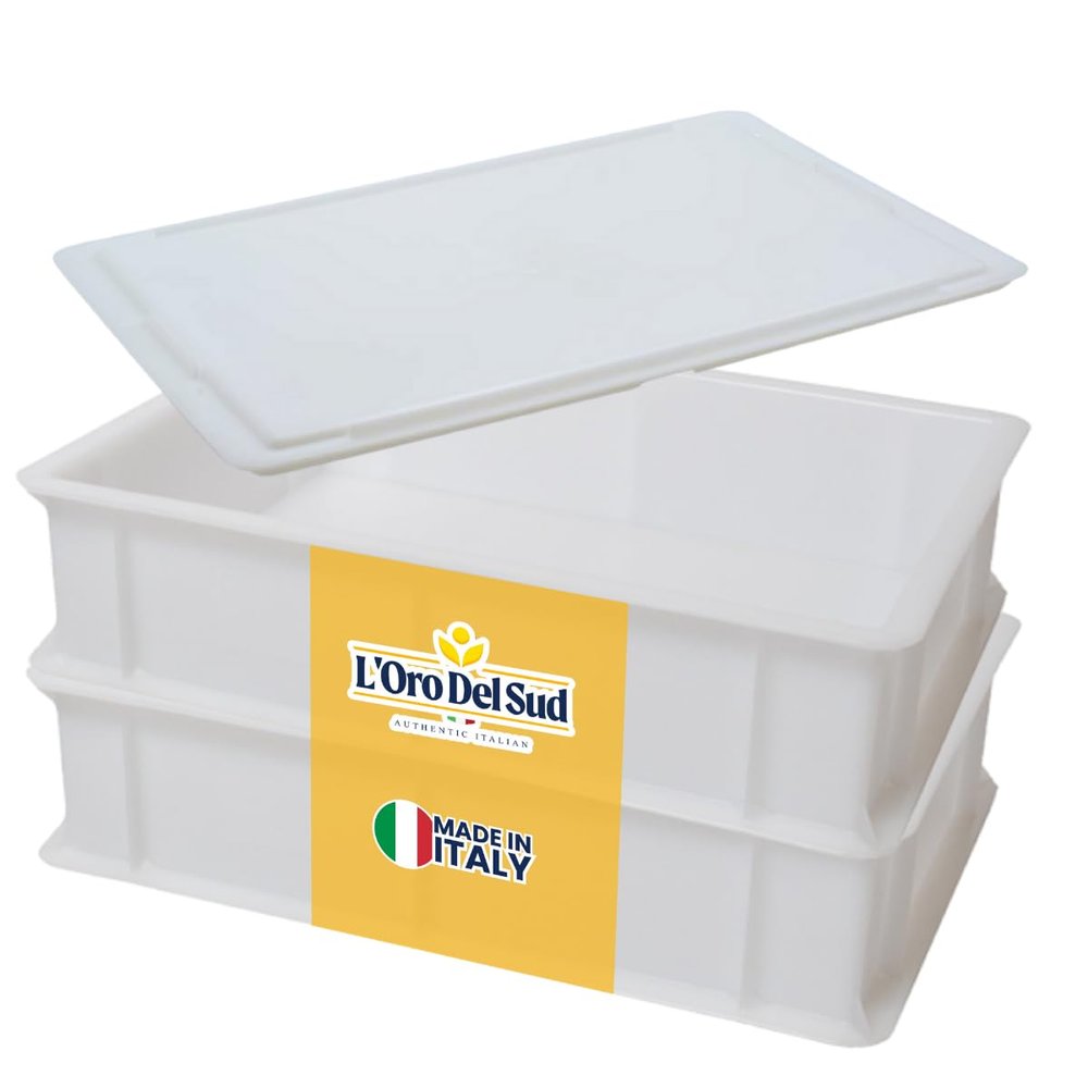 L'Oro Del Sud Home Refrigerator Size, Dough Proofing Box Tray (2 Pack + 1 lid), White Stackable, Commericial Grade, Pizza Proofing Dough Pan with Lid (16 inch x 12 inch x 4 inch), Made in Italy