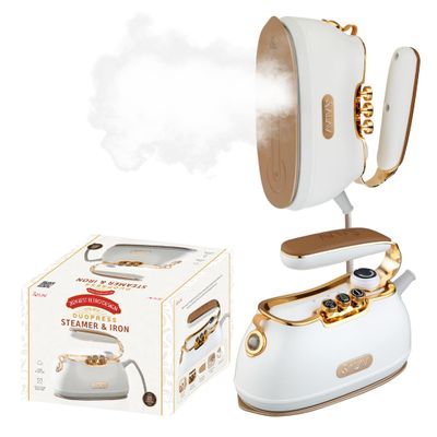 SALAV Retro Edition Duopress Handheld Garment Steamer and Iron, Ceramic Plate, 1000 watts of Steam, Removes Wrinkles on Clothes, Vintage Style No Drip Steam, Pearl