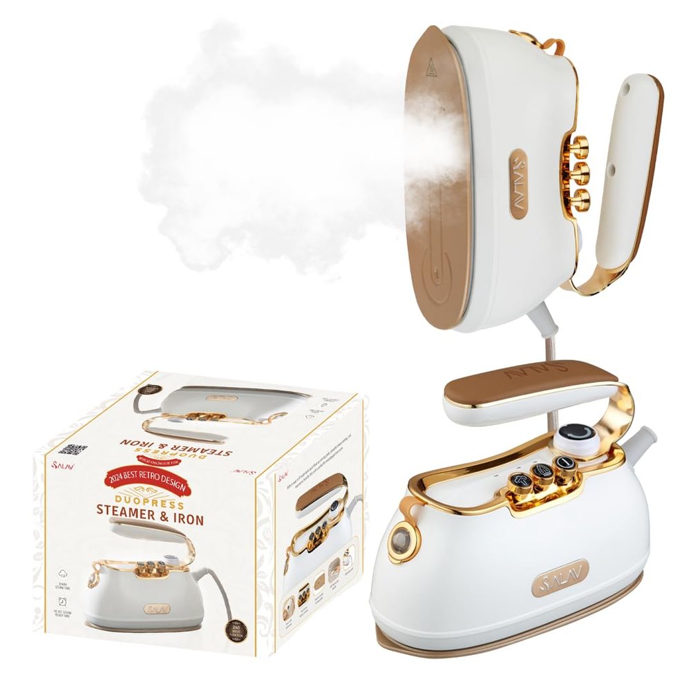 SALAV Retro Edition Duopress Handheld Garment Steamer and Iron, Ceramic Plate, 1000 watts of Steam, Removes Wrinkles on Clothes, Vintage Style No Drip Steam, Pearl