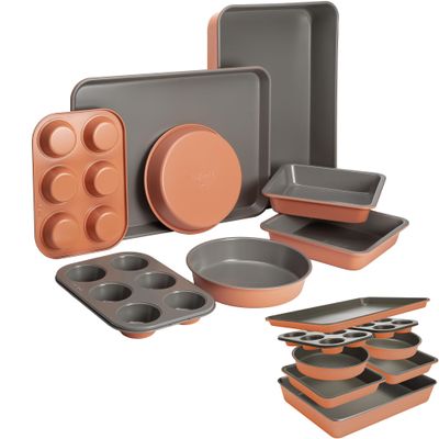 Goodful All-In-One Nonstick Bakeware Set, Stackable and Space Saving Design includes Round and Square Pans, Muffin Pans, Cookie Sheet and Roaster, Dishwasher Safe, 8-Piece, Terracotta