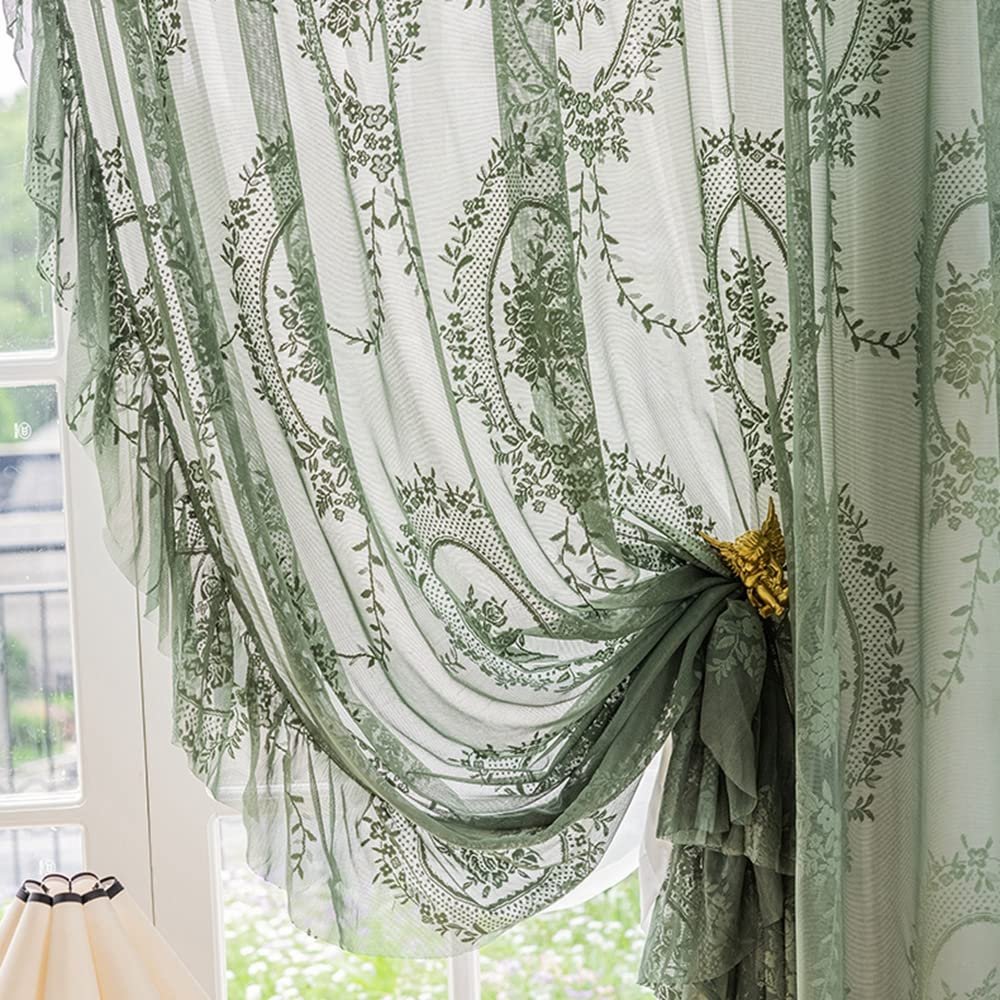 ZZC Lace Sheer Curtains with Scallop Ruffle Edge for Living Room Farmhouse 84 Inch Long Rustic Vintage Floral Embroidered Voile Panels Rod Pocket Window Treatment Set 2 Panels, Green, W52 x L84 Inch