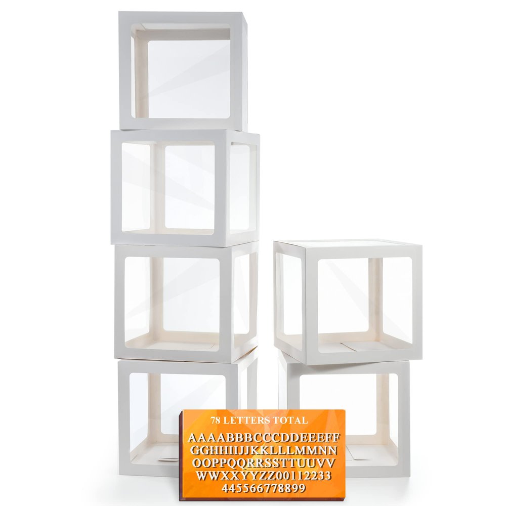 White Transparent Balloon Boxes With 78 Letters, Name Boxes for Baby Shower, Clear Baby Box Blocks Backdrop for 1st Birthday, Bridal Shower, 2026 Graduation Prom Party, Gender Reveal Decoration, 6 PCS