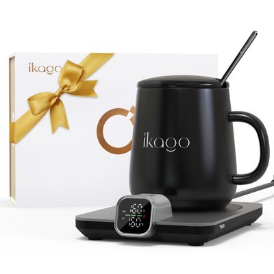 Coffee Mug Warmer Set, 1F Precision Temperature Control Smart Heated Mug for Desk, Electric Coffee Warmer with Auto Shut Off & Real-Time Temp Display, Gifts for Men Women, 15oz Ceramic Mug, Black
