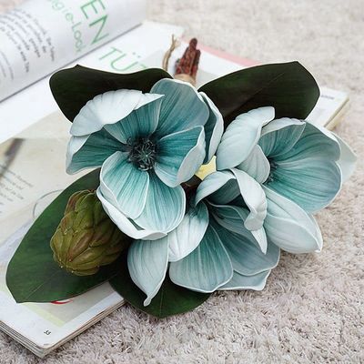 Artificial Magnolia Flowers, Long Stem White Magnolia Flower Plant Bouquet for Vase Table Wedding Holidays Party Home Decor(Blue)