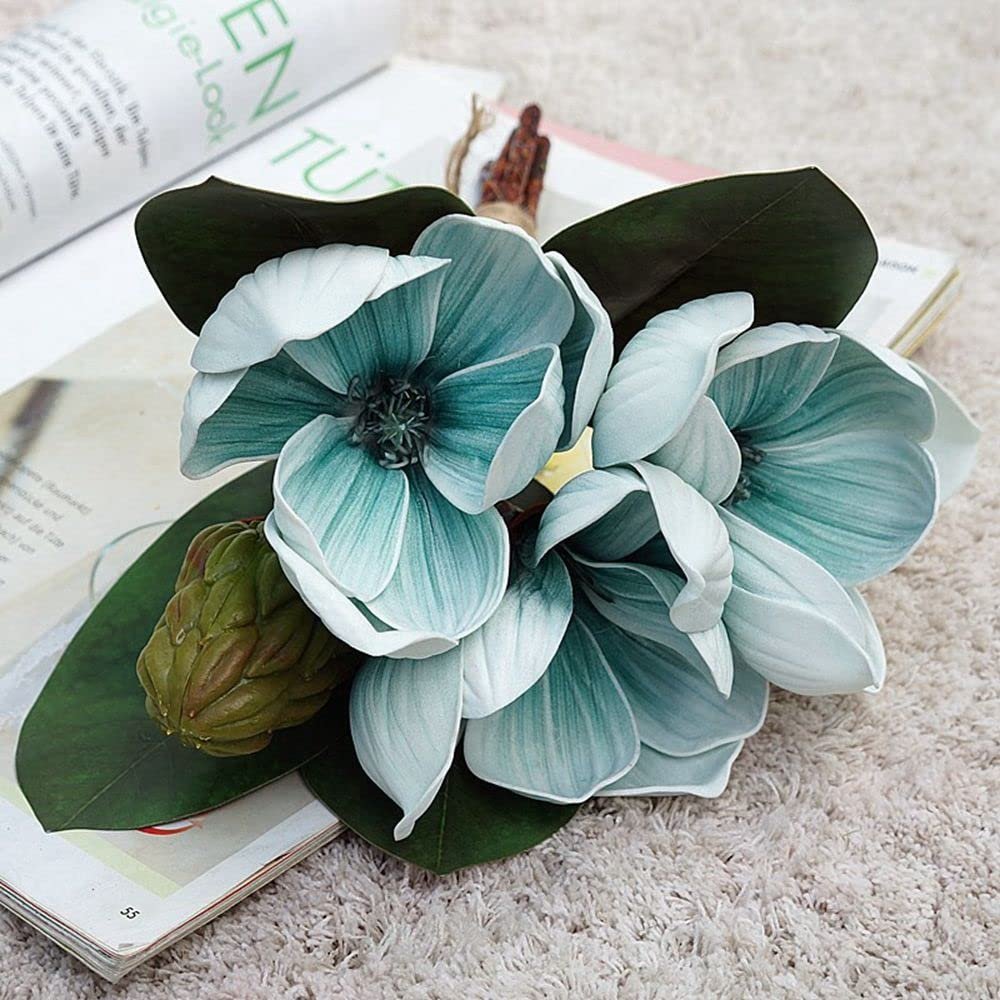 Artificial Magnolia Flowers, Long Stem White Magnolia Flower Plant Bouquet for Vase Table Wedding Holidays Party Home Decor(Blue)
