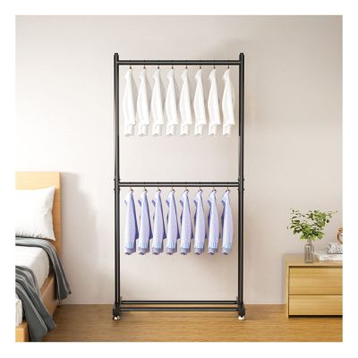 Double Pole Hanging Rails Heavy Duty Metal Garment Rack Commercial Clothing Hanger Freestanding Coat Organiser with Adjustable Foot for Bedroom Office Entryway (Color : Black, Size : 80cm)