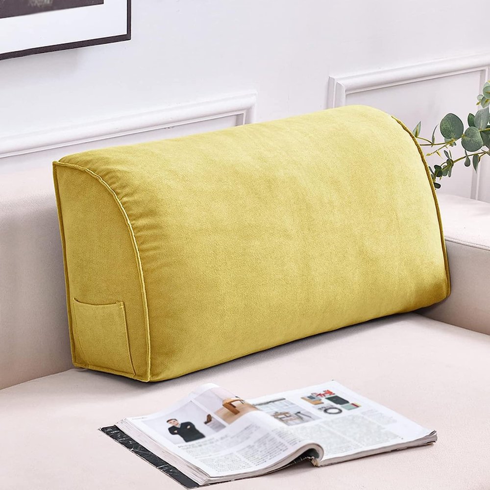 Sofa Bed Bolster Pillow, Triangular Comfy Bedside Pillow Cushions Headboard Reading Backrest Wedge Pillow, Neck Back Lumbar Support Cushion with Removable Cover (Yellow,24 * 14 * 8inch)