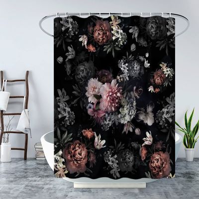LAEDCIITI Boho Black Floral Shower Curtain Retro Watercolor Flower Rose Rustic Peony Vintage Leaves Modern Aesthetic Spring Plant Botanical Fabric Bath Curtain with Hook