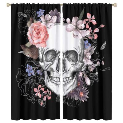 Skull Head Curtains, Vintage Rose Skull Head Floral Black Background Theme Design, Living Room Bedroom Blackout Decorative Window Curtains, 2 Panels, 55 X 63 in.