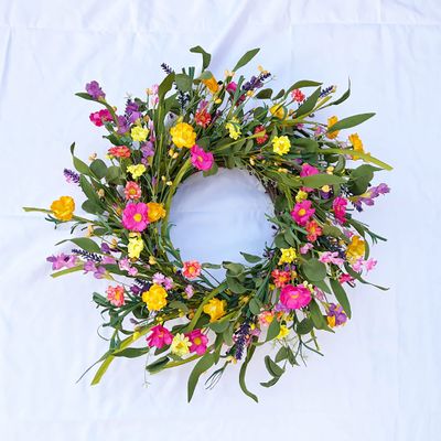 Artificial Floral Wreath Colorful Flower Wreath Lavender Wreath Wildflower Wreath Spring Front Door Wreath Summer Green Leaves Daisy Garland Seasons Welcome Sign Festival Party Decor (21.6inch, F)