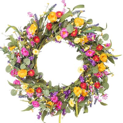 Artificial Floral Wreath Colorful Flower Wreath Lavender Wreath Wildflower Wreath Spring Front Door Wreath Summer Green Leaves Daisy Garland Seasons Welcome Sign Festival Party Decor (23.6inch, B)