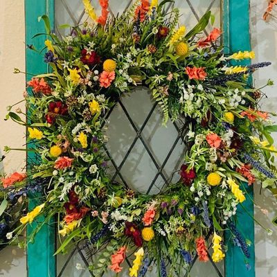 Artificial Floral Wreath Colorful Flower Wreath Lavender Wreath Wildflower Wreath Spring Front Door Wreath Summer Green Leaves Daisy Garland Seasons Welcome Sign Festival Party Decor (17.7inch, A)