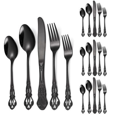 A  HOUSEWARE Black Silverware Royal Flatware Set for 4 Stainless Steel Cutlery Retro Antique Kitchen Utenisl with Flower Design Handle for Resturant Home Festival Parties