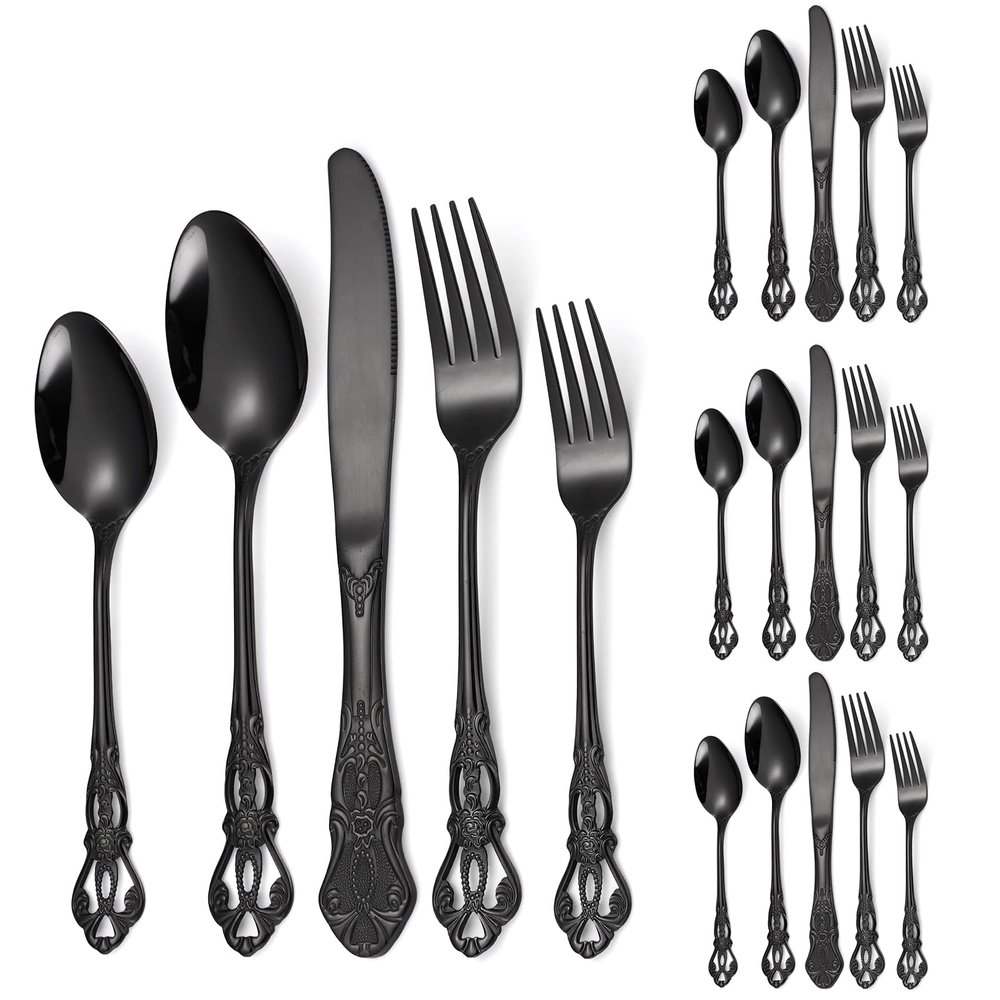 A  HOUSEWARE Black Silverware Royal Flatware Set for 4 Stainless Steel Cutlery Retro Antique Kitchen Utenisl with Flower Design Handle for Resturant Home Festival Parties
