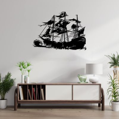 Metal Pirate Ship Wall Decor, Vintage Viking Ship Art, Metal Ship Wall Hanging, Nautical Sea Decor, Rustic Ship Art, Men Gift, Mancave Decor for Home Decor, Office, Livingroom (Black, 45.6 x 32.6 / 116x 82.8 cm)