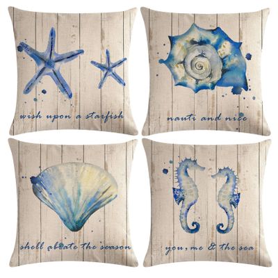 7COLORROOM Set of 4 Vintage Sea Pillow Covers Wood Grain Starfish Hippocampus Seashells with Quotes Ocean Theme Cushion Cover Nautical & Coastal Beach Home Decorations Pillowcases 18" X 18"