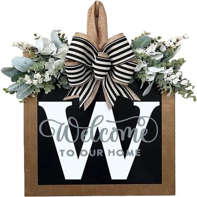 Last Name Year Round Front Door Wreath Front Porch Decoration 26 Letter Welcome Sign with Eucalyptus Garland and Bow Spring Wreaths for Front Door Outside Hanger GarlandW