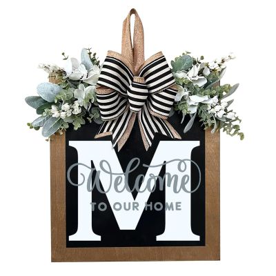 Last Name All Year Round Front Door Garland, Front Porch Decoration 26 Letter Welcome Garland and Eucalyptus and Bow Suitable for Spring Summer Winter Used for Front Door Hanging Garland (M)
