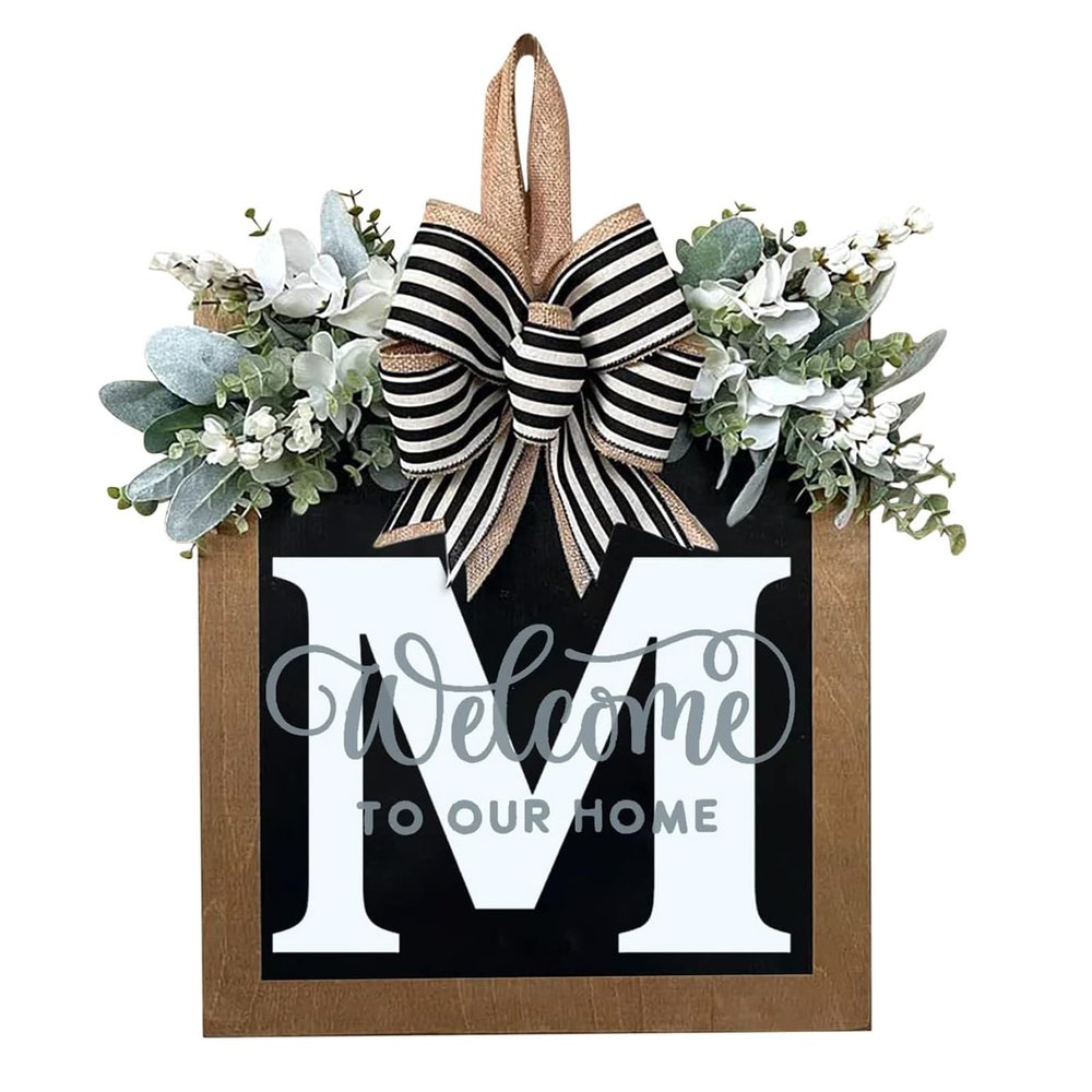 Last Name All Year Round Front Door Garland, Front Porch Decoration 26 Letter Welcome Garland and Eucalyptus and Bow Suitable for Spring Summer Winter Used for Front Door Hanging Garland (M)