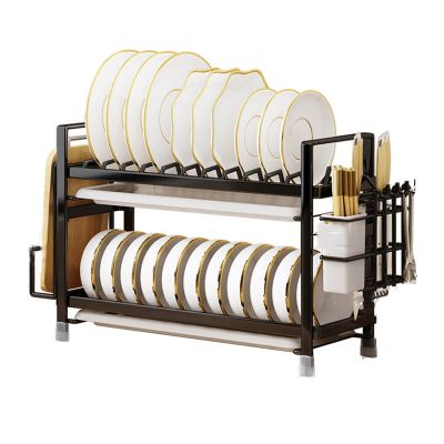 Dish Rack Over Sink Dish Drainer Rack Draining Rack Dish Drying Rack Cutlery Drainer with Drip Tray 2 Tier Stainless Steel Metal Home Multifunctional Pull-out Dripprevent Rust (Black,42.5X17X32cm)