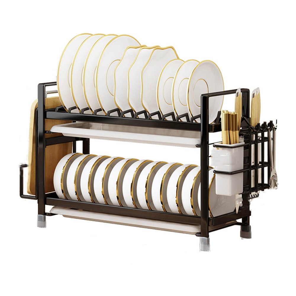 Dish Rack Over Sink Dish Drainer Rack Draining Rack Dish Drying Rack Cutlery Drainer with Drip Tray 2 Tier Stainless Steel Metal Home Multifunctional Pull-out Dripprevent Rust (Black,42.5X17X32cm)